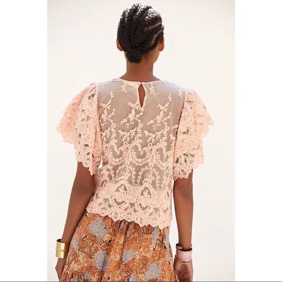 NEW Anthropologie Forever That Girl Pink Flutter Sleeved Lace-Back Top X-Large - Picture 3 of 5